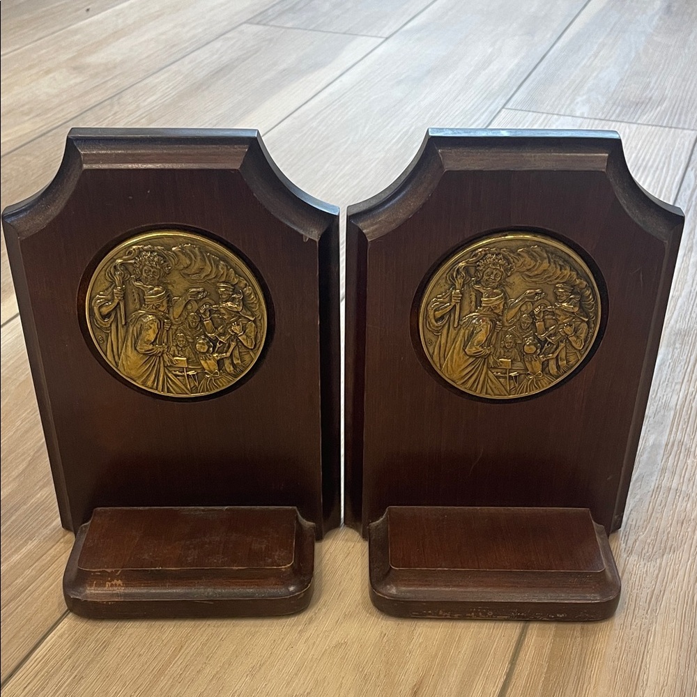 Vintage Pair Wooden Bookends with Decorative Brass Medallions